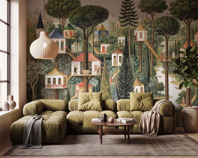 Architectural design wallpaper mural of forest treehouses, rivers, boats and small figures in green watercolour