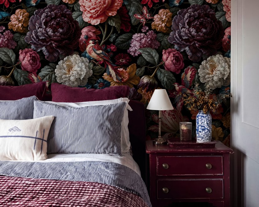 Vintage peony wallpaper mural with plum, blush and ivory flowers, dark foliage and small hummingbirds