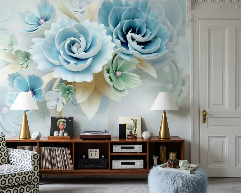 European Style 3D Blue Green Floral Wallpaper Mural
