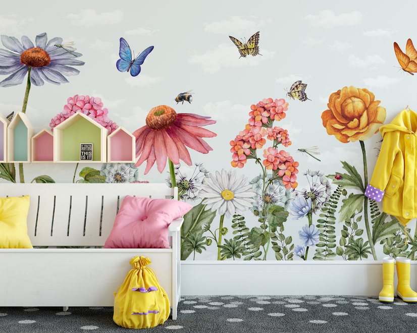 Papier peint panoramique floral avec papillons pour enfants