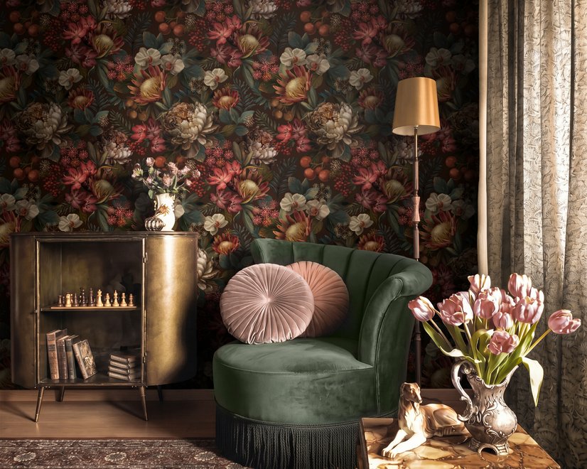 Dark moody floral wallpaper with cream peonies, coral lilies, berries and green foliage on chocolate brown