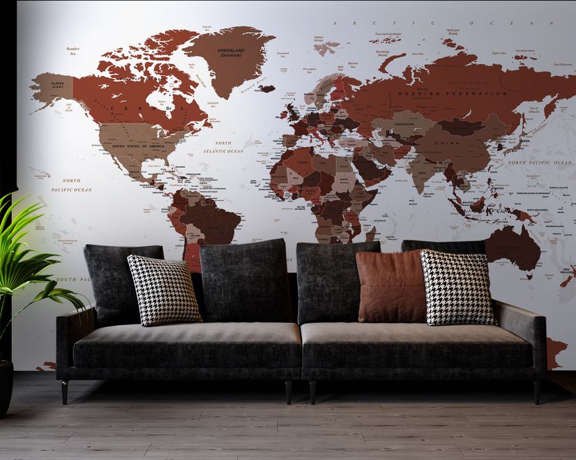 Papier peint panoramique de la carte du monde politique en blanc et marron