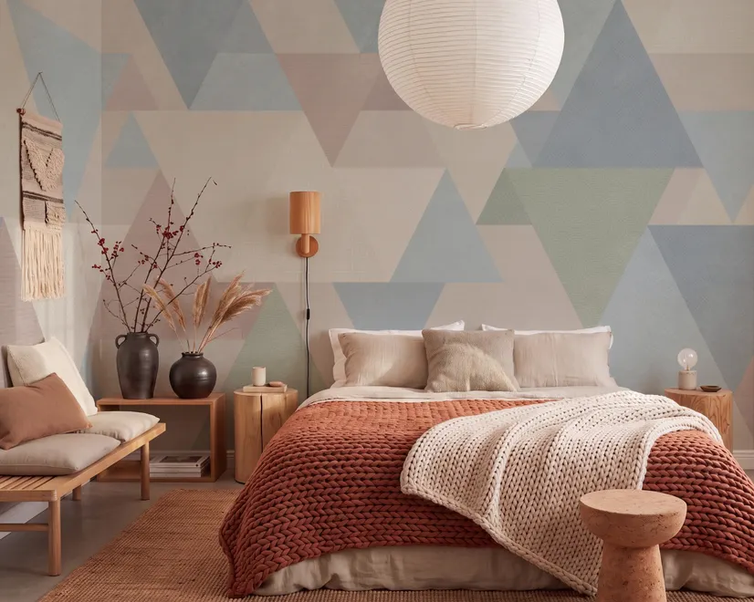 Pastel abstract wallpaper with overlapping sky blue, blush, cream, sage and grey textured triangles