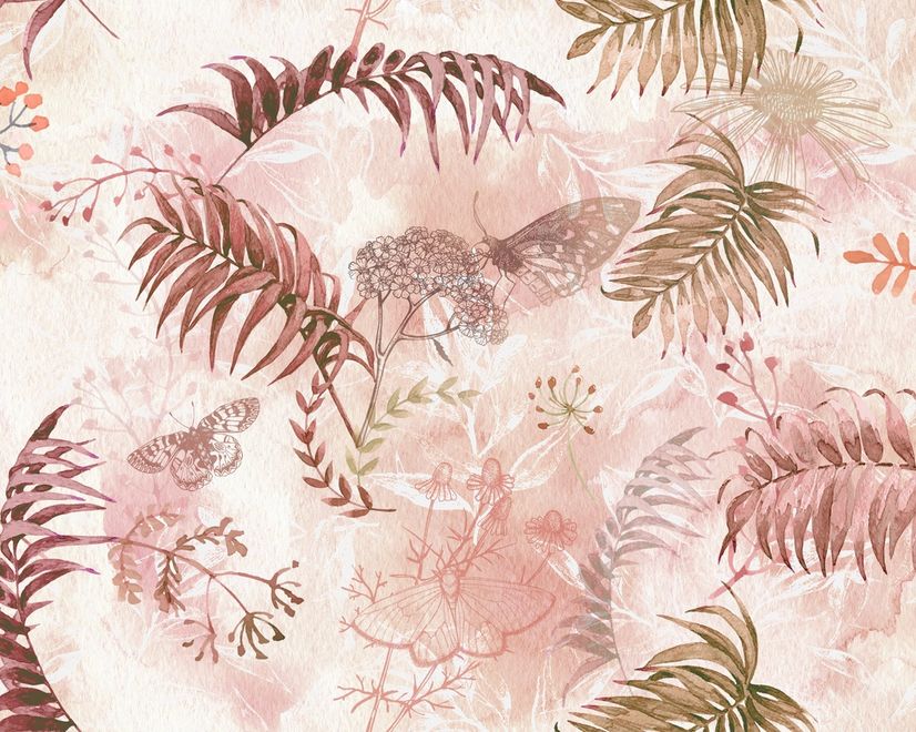 Pink Leaf and Blossom Wallpaper Mural