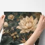 Ivory lotus flowers and seed pods on charcoal teal lily pads in a botanical lotus wallpaper mural