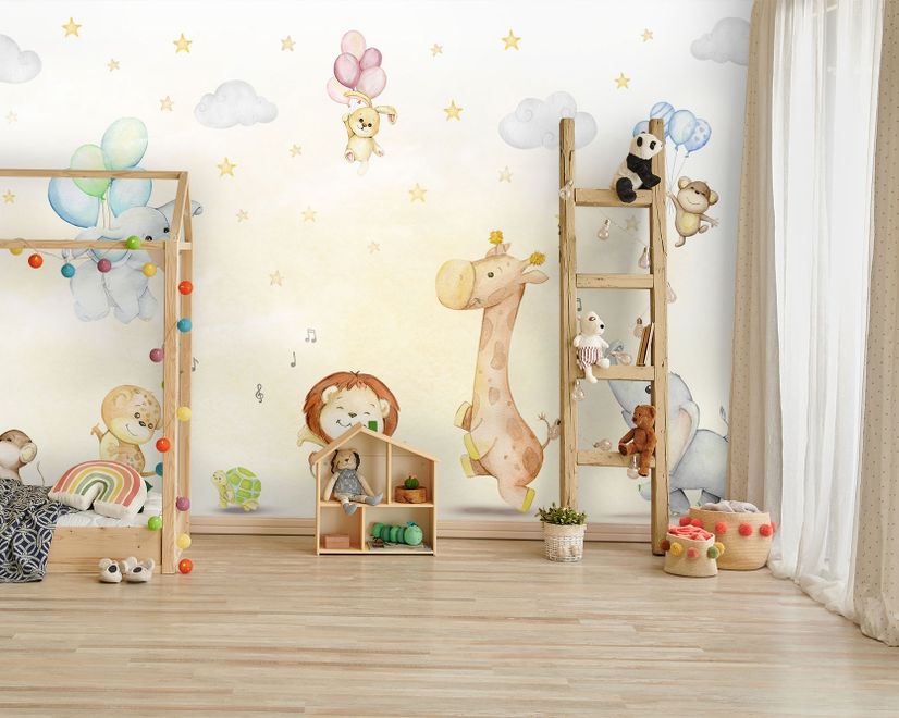 Kids Nursery Safari Animals Playing Wallpaper Mural