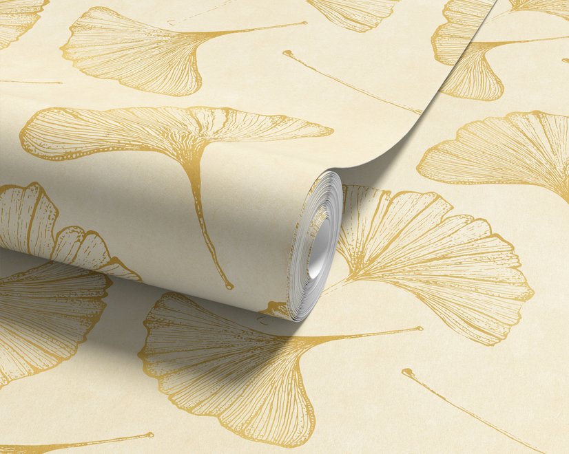 Ginkgo leaf wallpaper with ochre-gold linework on warm ivory and cream parchment ground