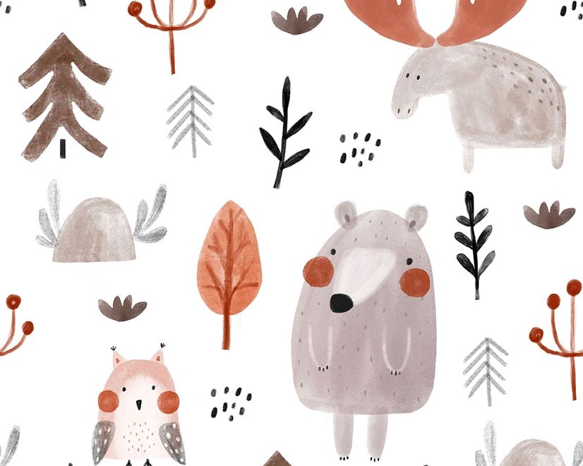Cute Cartoon Animals with Twigs Wallpaper Mural