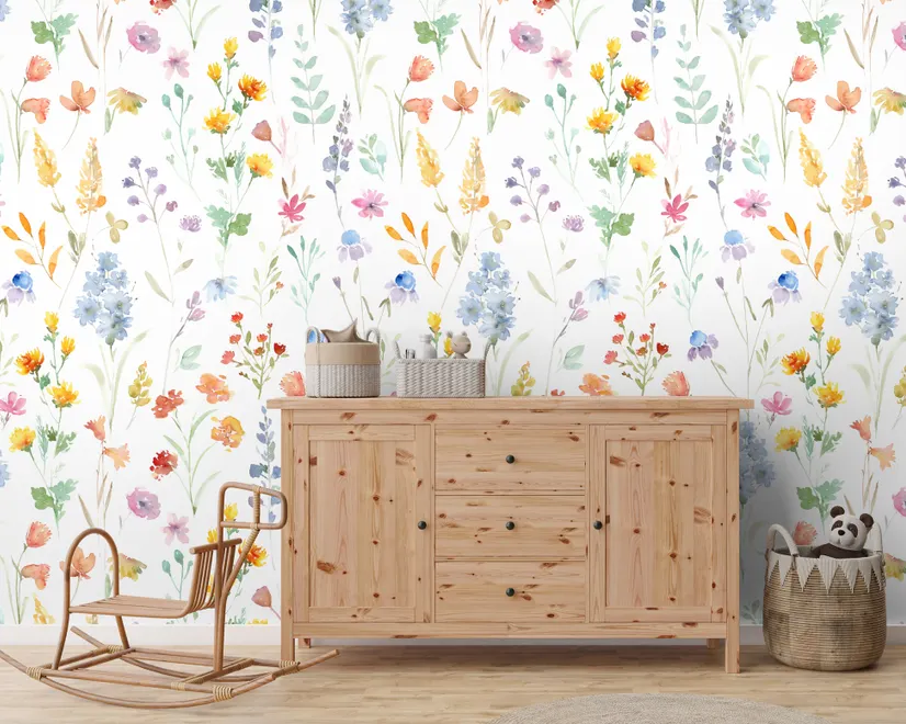 Papier peint panoramique aquarelle coloré fleurs sauvages botaniques