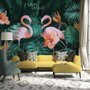 Papier peint panoramique corail et rose avec feuilles tropicales