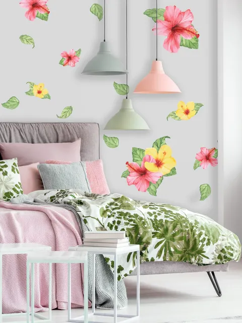 Pink Yellow Mirabilis Floral and Tropical Green Leaf Wall Decal Sticker