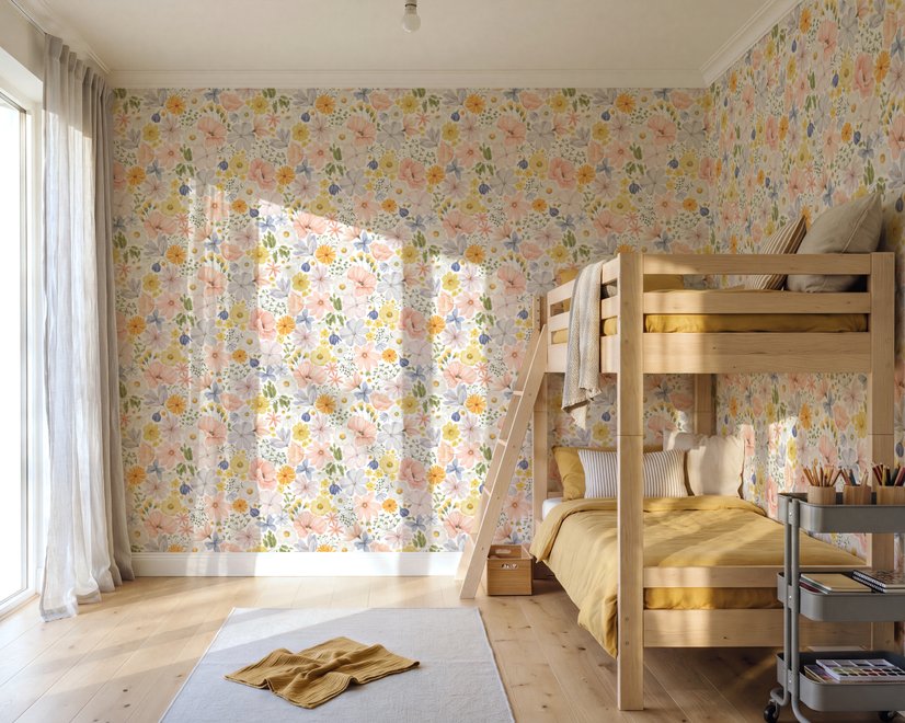 Spring floral wallpaper with pastel watercolour flowers and sage leaves on a clean white ground