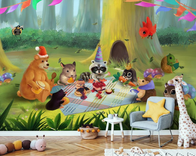 Cartoon Animals in the Woods Wallpaper Mural