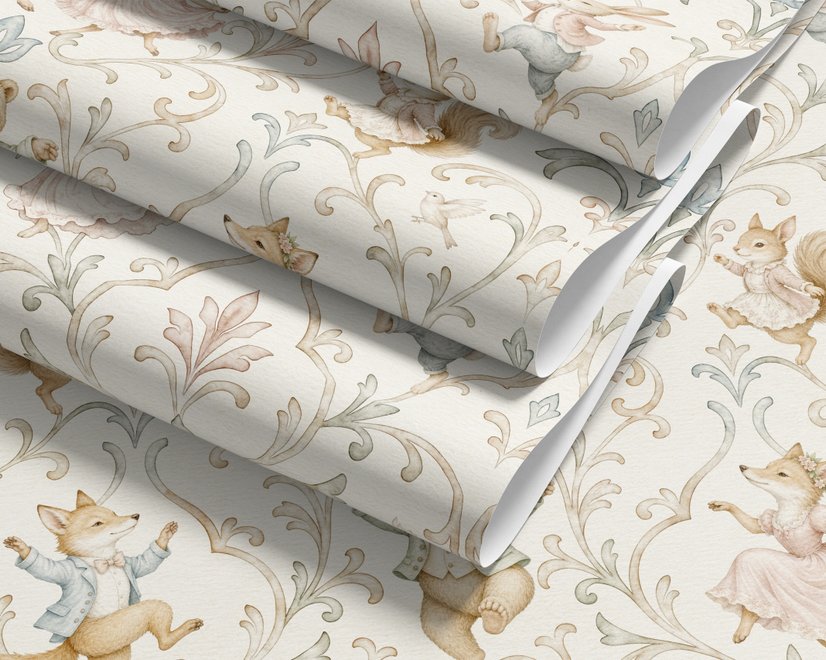 Cute rabbits wallpaper with woodland animals, white birds and acanthus scrolls on an ivory cream ground