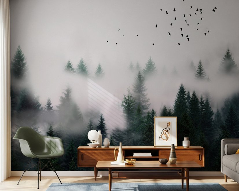 Dunkler Wald Nebel Landschaft Fototapete