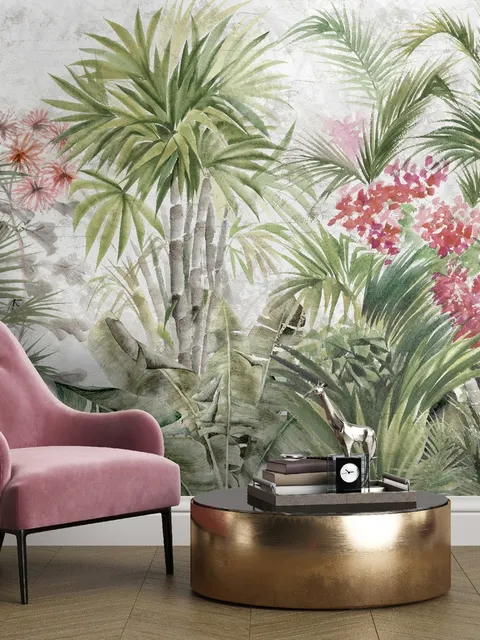 Watercolor Tropical Leaf and Flowers Wallpaper Mural