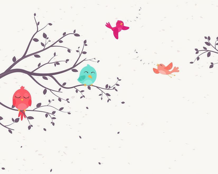 Kinder Cartoon Baum mit Bunten Singvögeln Fototapete