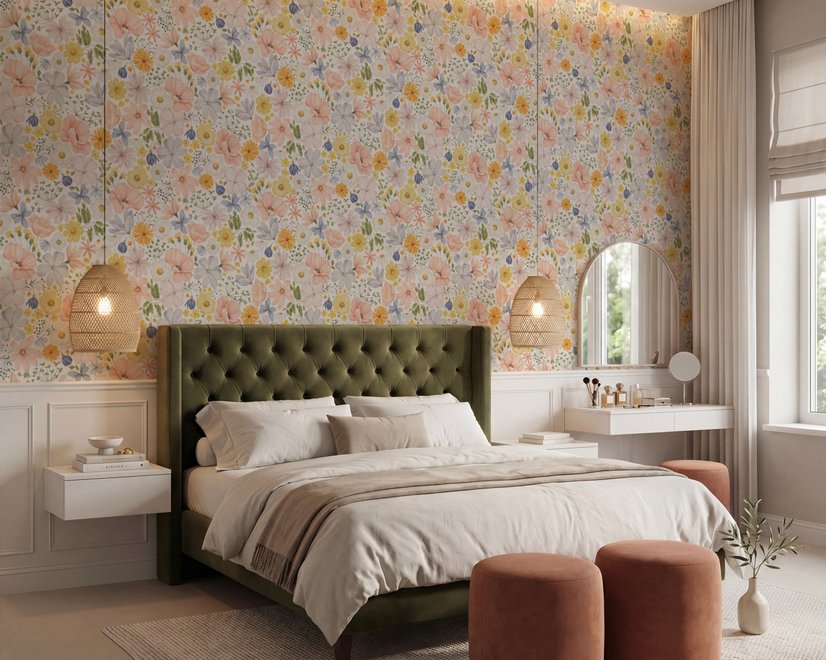 Spring floral wallpaper with pastel watercolour flowers and sage leaves on a clean white ground