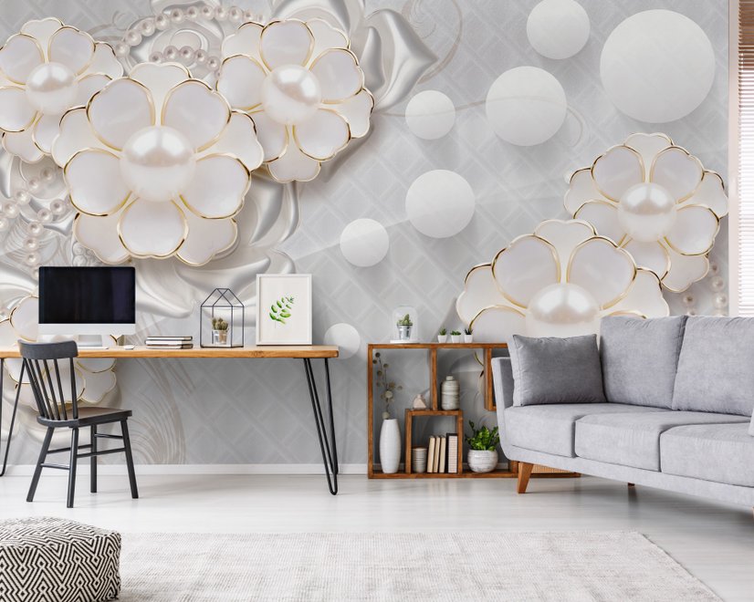 3D Look White Pearl Flower Wallpaper Mural