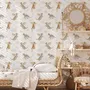 Kids wallpaper with sage, caramel and blue-gray watercolor dragons, clouds, sun and stars on white