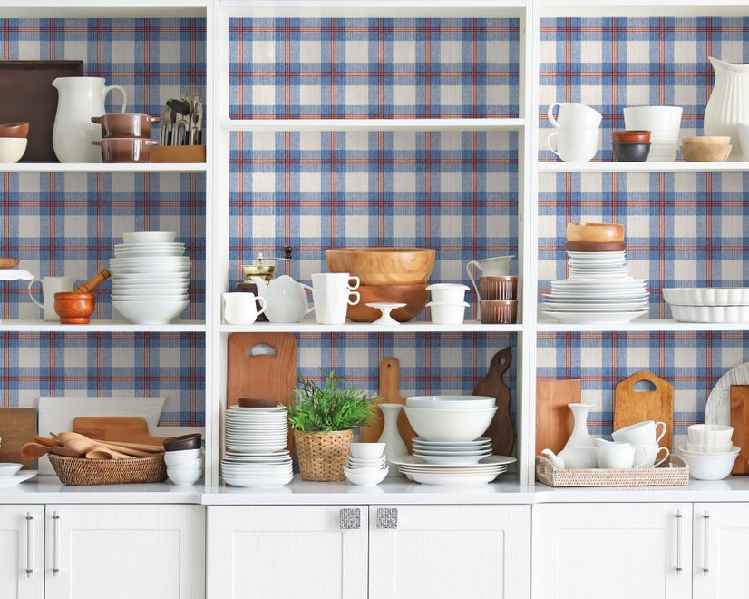 Blue and red plaid wallpaper with denim blue, cream and sky blue woven checks and fine red stripes
