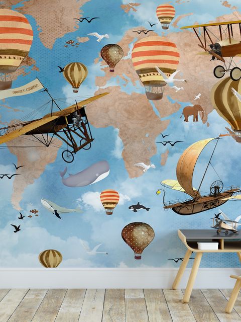 Papier peint panoramique carte du monde enfants 3D avec montgolfières