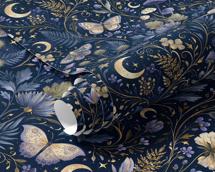 Midnight navy moody botanical wallpaper with lavender butterflies, ivory moons, gold stars, flowers and mushrooms