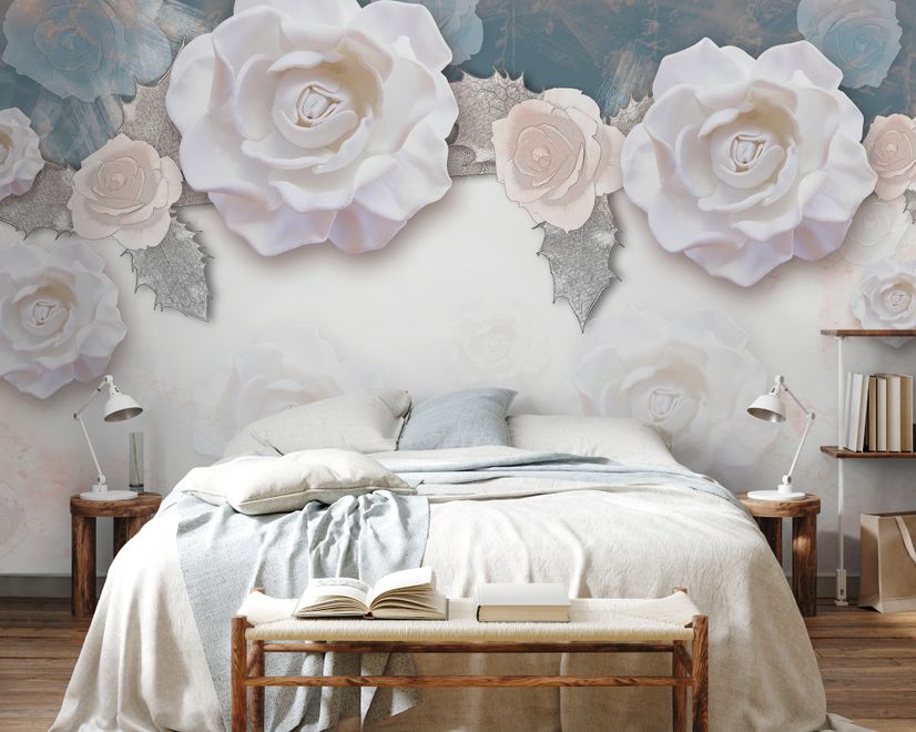 Papier peint panoramique vintage à fleurs de roses blanches