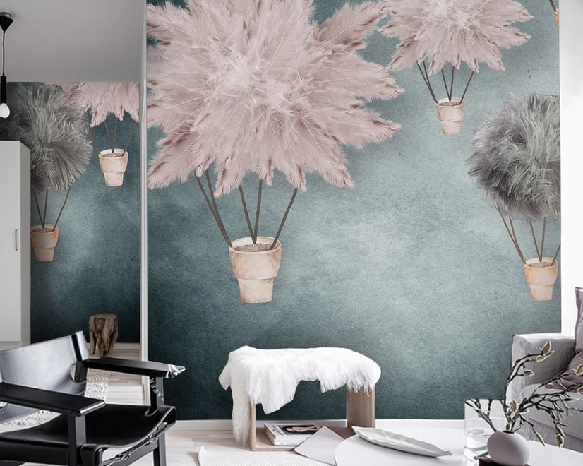 Gray Pink Feather Hot Air Balloon Wallpaper Mural