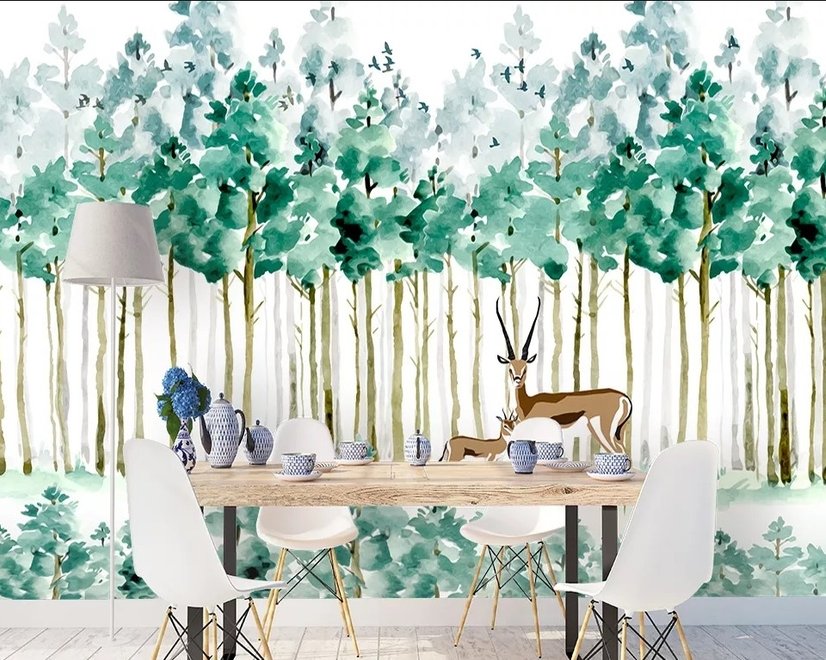 Aquarell Grüner Wald mit Elchen Fototapete