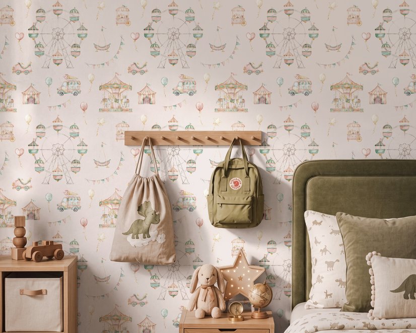 Children's playroom wallpaper with pastel Ferris wheel, carousel horses, tents and balloons on blush pink