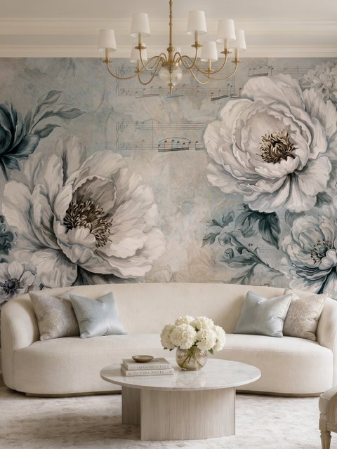 Leichte Blumen Fototapete mit Musiknoten