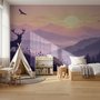 Stag mountain wallpaper with a navy deer silhouette, lavender pine ridges and a pale golden sun