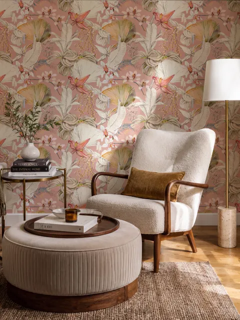 Pink tropical wallpaper with ivory fan palms, orchids, coral blossoms and sage foliage on dusty rose