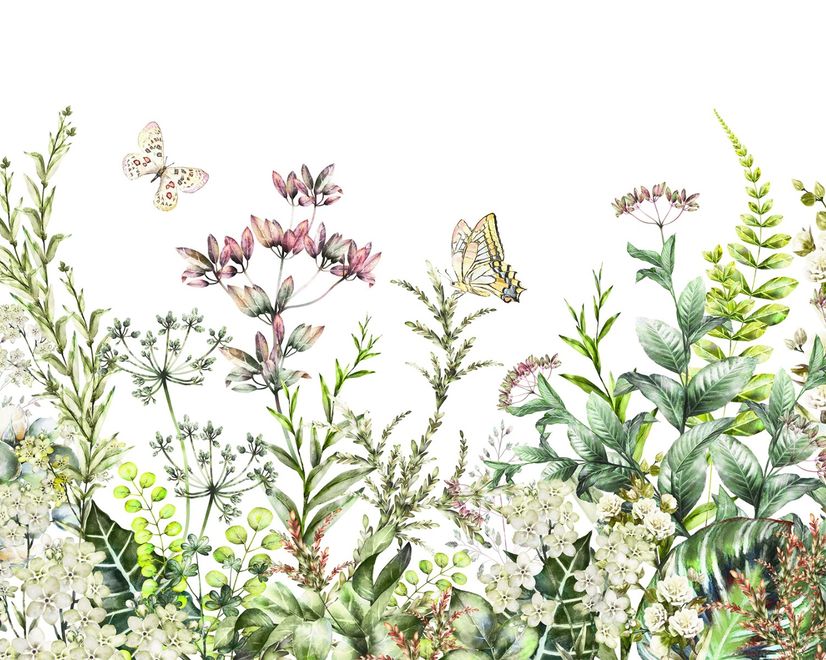 Wild Floral and Green Fresh Leaves Wallpaper Mural