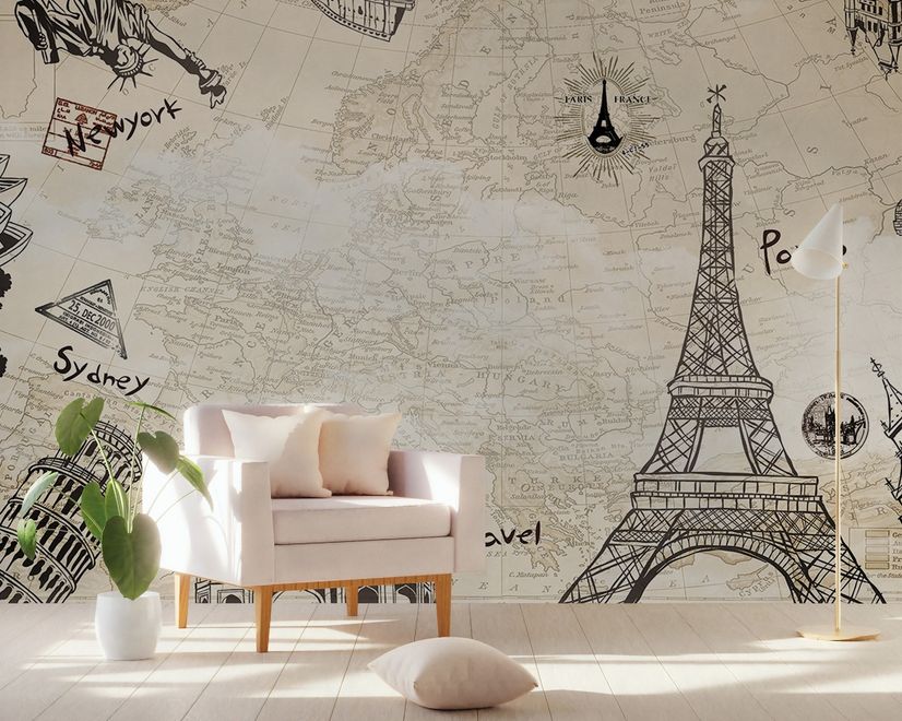 Vintage Map with Eiffel Tower Statue of Liberty Wallpaper Mural