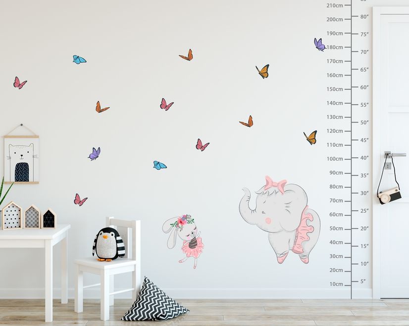 Kids Pink Ballerine Elephant and Bunny with Little Butterflies Wall Decal Sticker