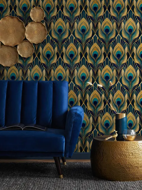 Art Deco feathers wallpaper with turquoise peacock eyes, gold plumes and navy teal ground
