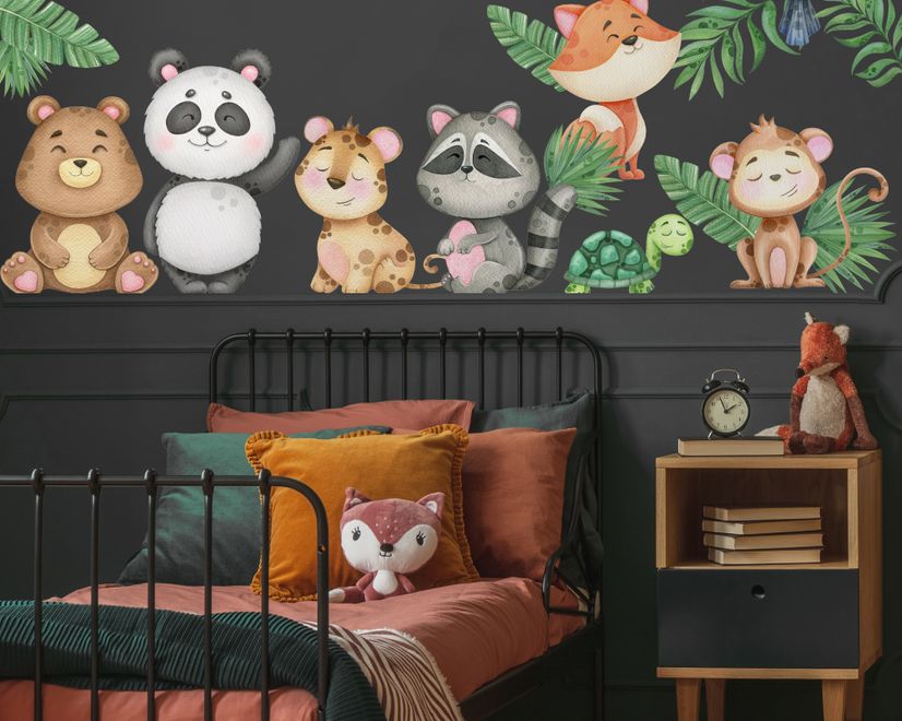 Kids Cute Animals with Banana Leaves Wall Decal Sticker