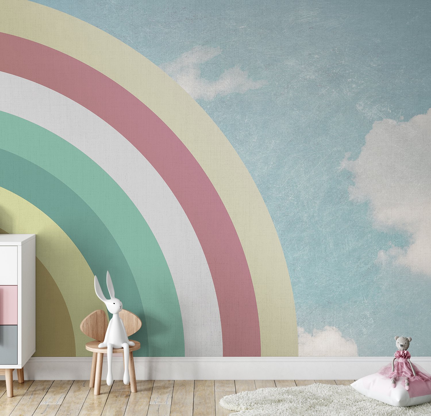 Kids Watercolor Sky and Rainbow Wallpaper Mural - Peel and Stick