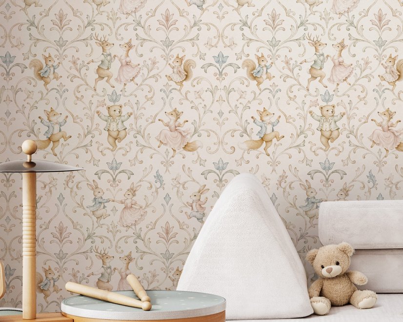 Cute rabbits wallpaper with woodland animals, white birds and acanthus scrolls on an ivory cream ground