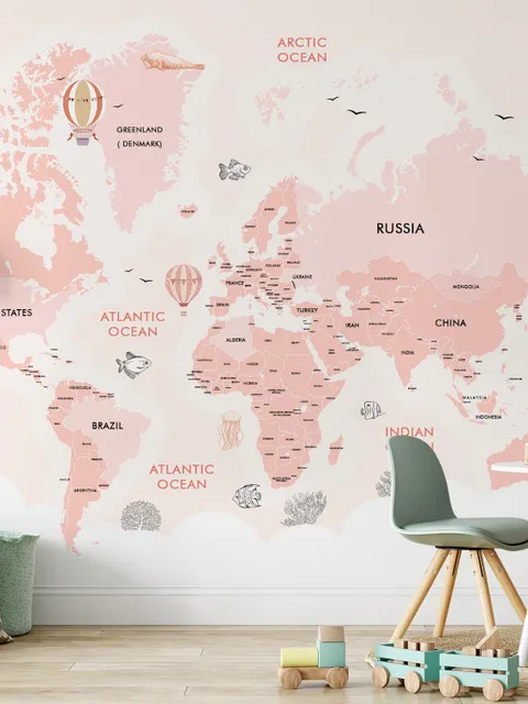 Kids Girls Cartoon Pink World Map Wallpaper Mural