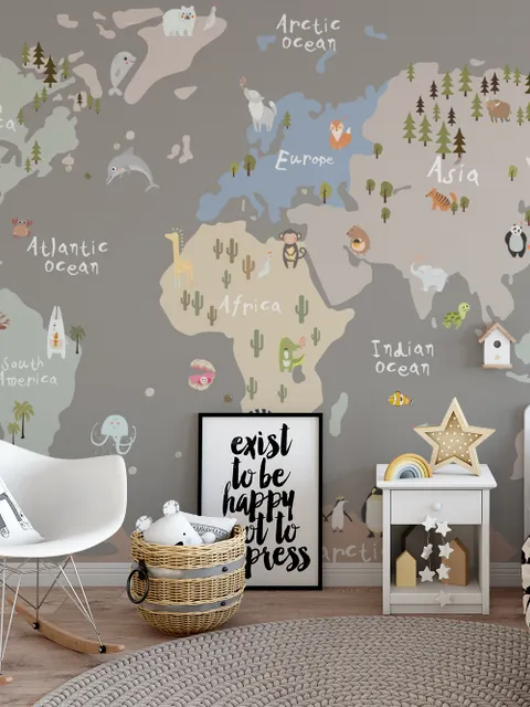 Kids Colorful World Map with Animals Wallpaper Mural