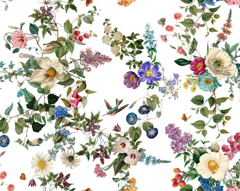 Botanical Flowers Floral with Birds Wallpaper Mural