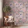 Cute pink seashell wallpaper with watercolour reef fish, coral, seaweed, starfish and shells on blush pink