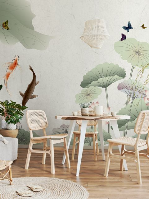 Watercolor Lotus Flower and Butterflies Wallpaper Mural