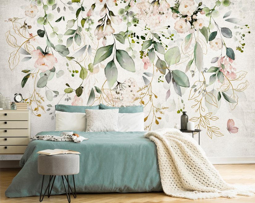 Papier peint aquarelle floral doux avec feuilles vertes