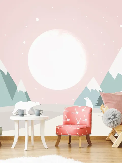 Kids Mountainscape with Cute Bears and Pink Skyscape Wallpaper Mural