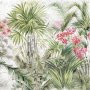 Papier peint panoramique aquarelle, feuilles et fleurs tropicales