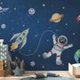 Papier peint panoramique de l'espace avec vaisseau spatial et astronaute pour les enfants